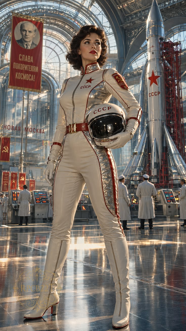 Soviet Atompunk Cosmonaut – Futuristic Spaceport of New Moscow