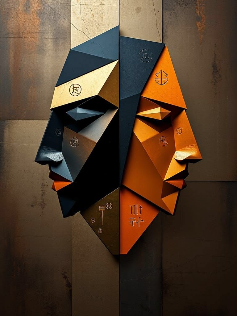 Two stylized, geometric faces are joined together as one.