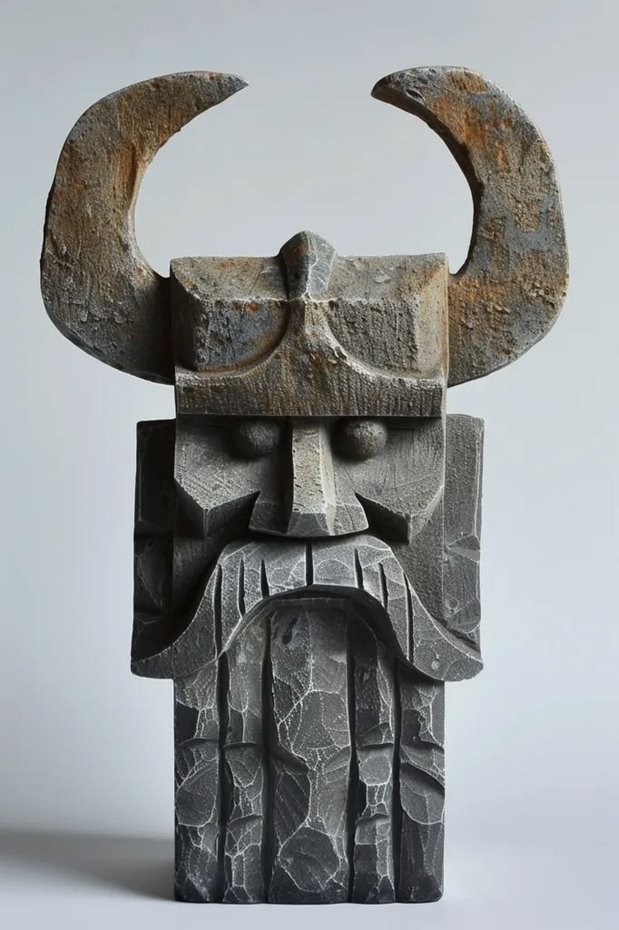 Midjourney: Detailed stone sculpture of a powerful, bearded Viking warrior.